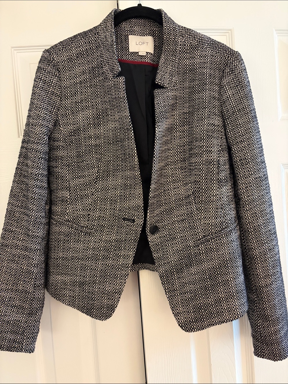 LOFT Black and Cream Tweed Collarless Blazer Jacket